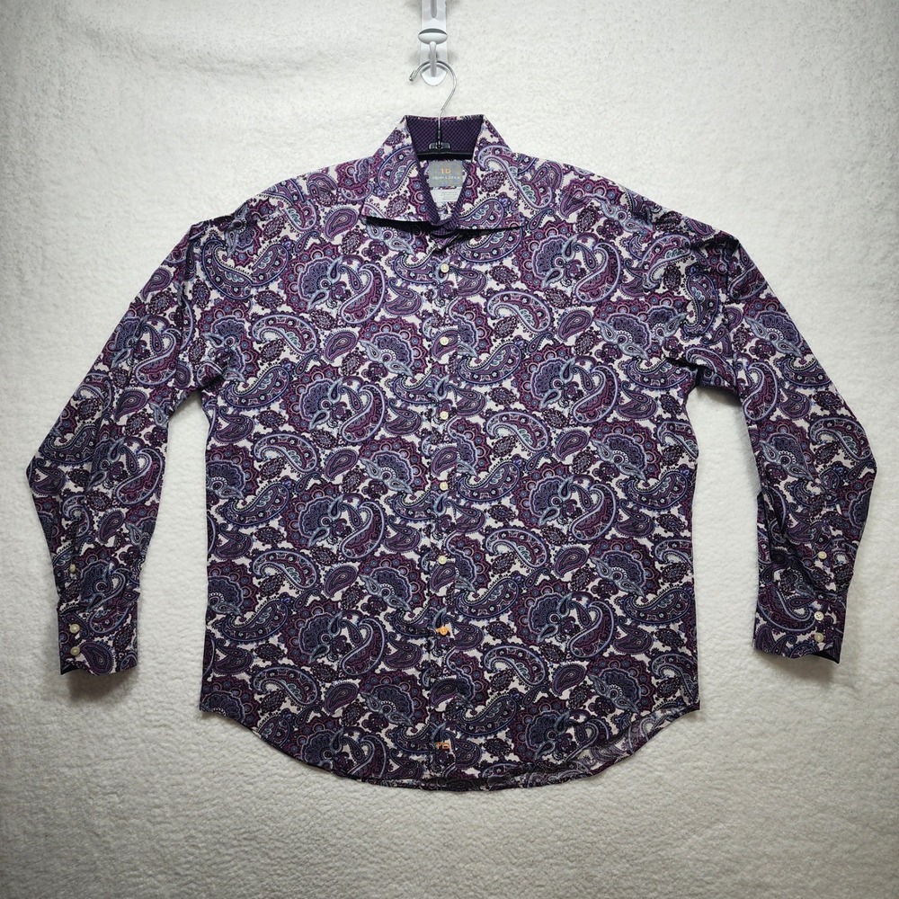 Thomas Dean Mens Purple Paisley Long Sleeve Button Down Shirt Size Large
